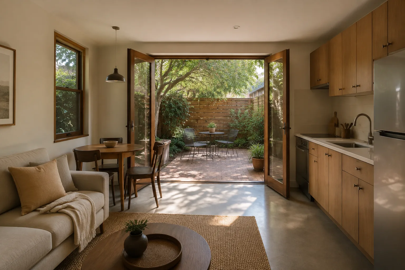 Architectural visualization of a compact ADU interior opening to a shaded courtyard